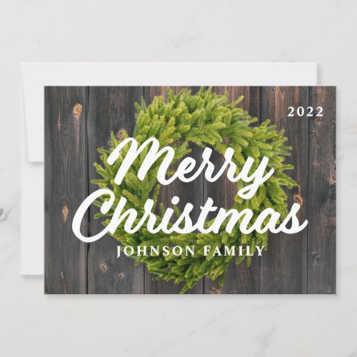 Merry Christmas Country Rustic Pine Wreath Wood Holiday Card