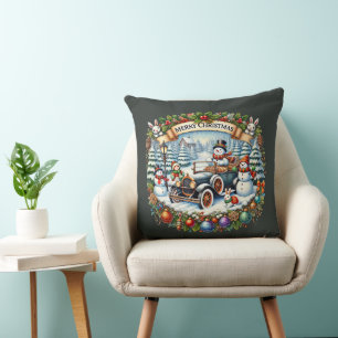 Merry Christmas Country snowman truck Throw Pillow
