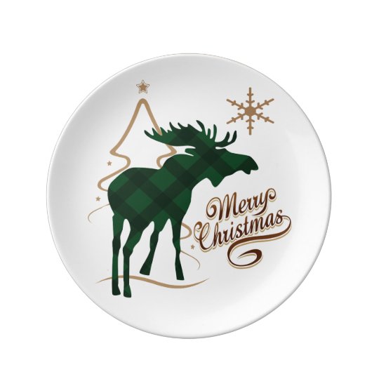 Merry Christmas Country Style Green Plaid Moose Dinner Plate