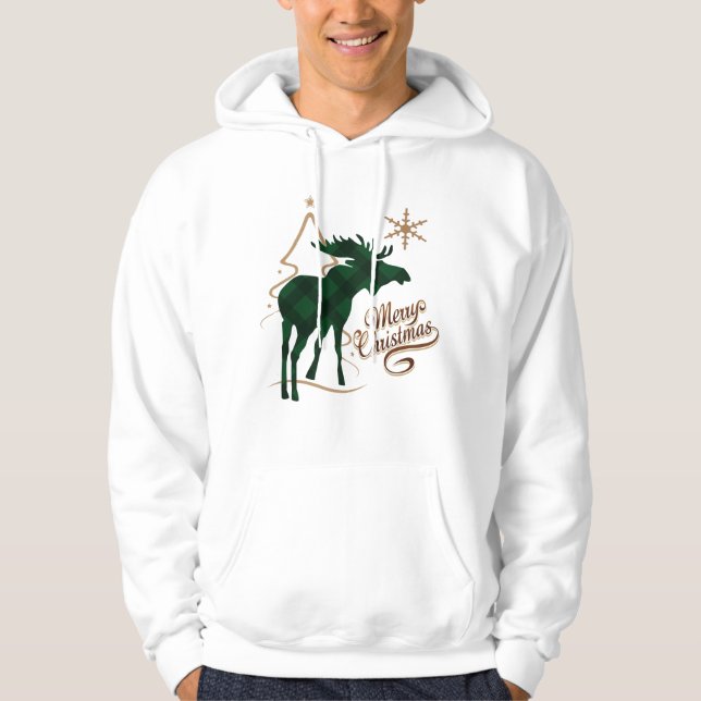 Merry Christmas Country Style Green Plaid Moose Hoodie (Front)