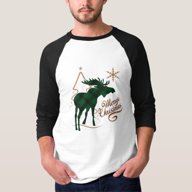 Merry Christmas Country Style Green Plaid Moose T-Shirt (Front)