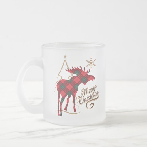 Merry Christmas Country Style Red Plaid Moose Frosted Glass Coffee Mug