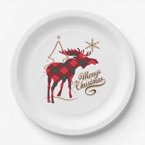 Merry Christmas Country Style Red Plaid Moose Paper Plates