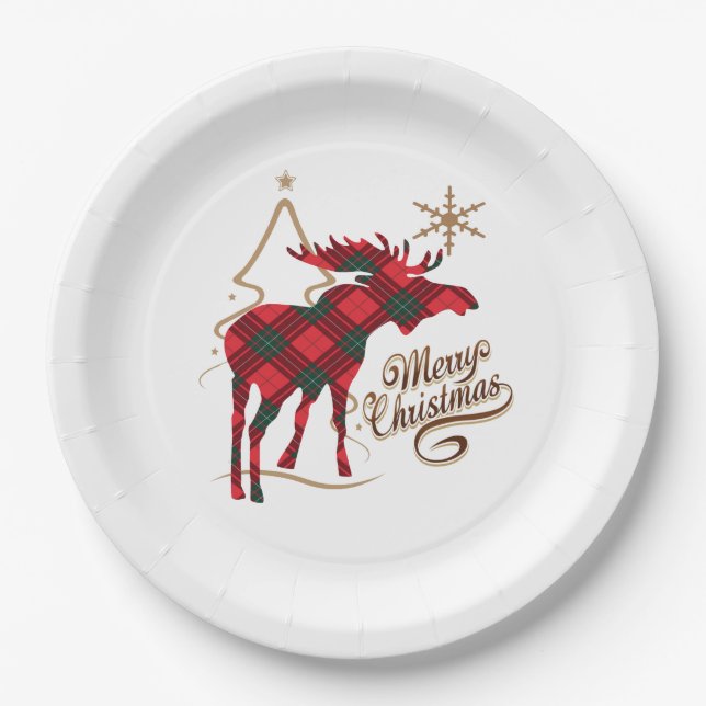 Merry Christmas Country Style Red Plaid Moose Paper Plates (Front)
