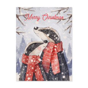 Merry Christmas Couple Badger Illustration Postcard