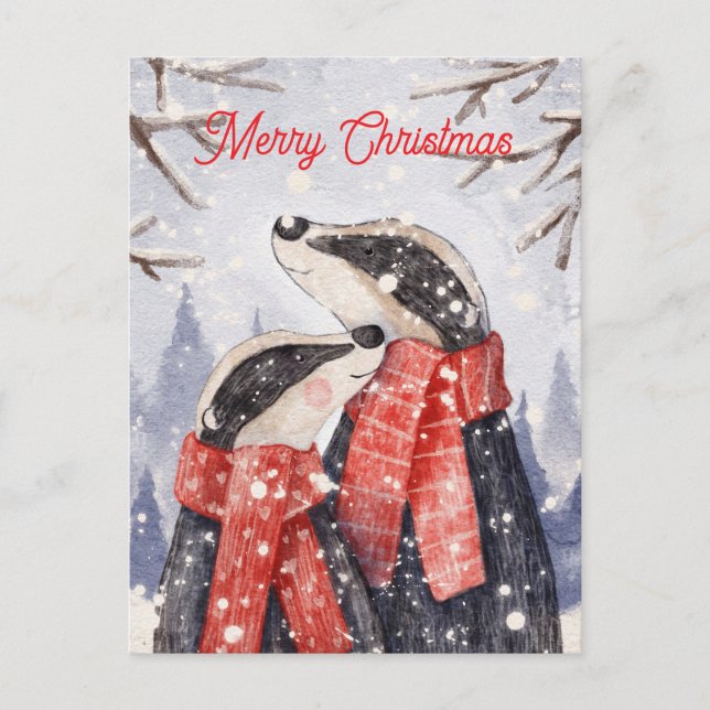 Merry Christmas Couple Badger Illustration Postcard (Front)