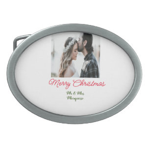 Merry Christmas couple photo add name happy holida Belt Buckle