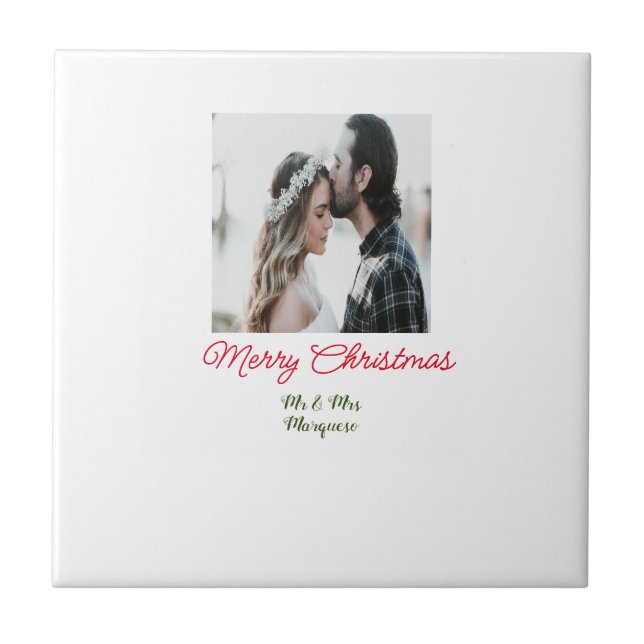 Merry Christmas couple photo add name happy holida Ceramic Tile (Front)