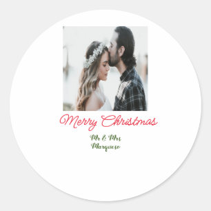 Merry Christmas couple photo add name happy holida Classic Round Sticker