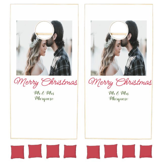 Merry Christmas couple photo add name happy holida Cornhole Set (Set)