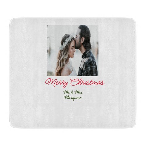Merry Christmas couple photo add name happy holida Cutting Board