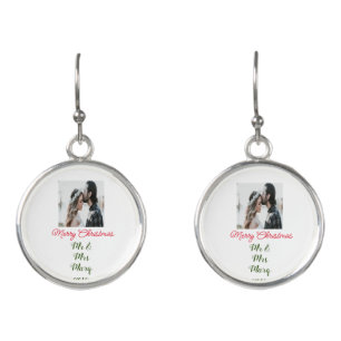 Merry Christmas couple photo add name happy holida Earrings