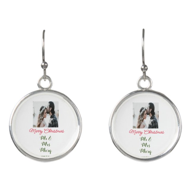 Merry Christmas couple photo add name happy holida Earrings (Front)
