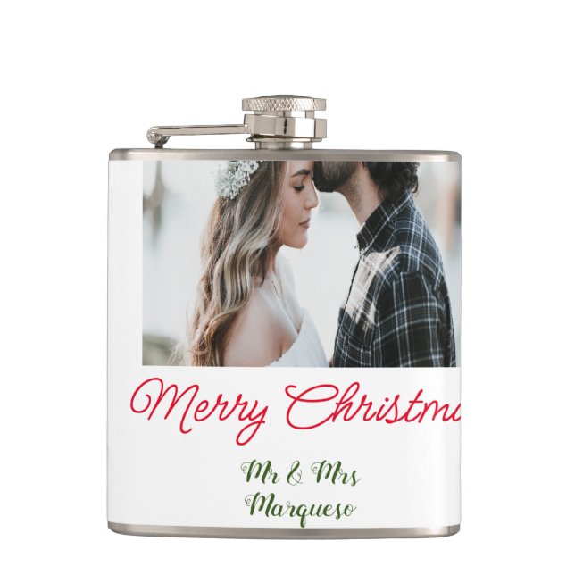 Merry Christmas couple photo add name happy holida Flask (Front)