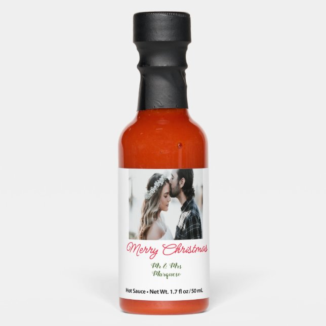 Merry Christmas couple photo add name happy holida Hot Sauces (Front)