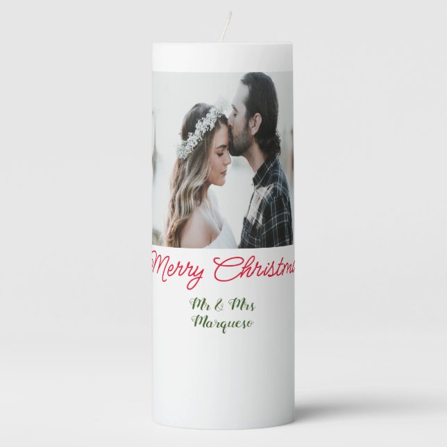 Merry Christmas couple photo add name happy holida Pillar Candle (Front)