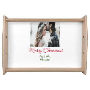 Merry Christmas couple photo add name happy holida Serving Tray