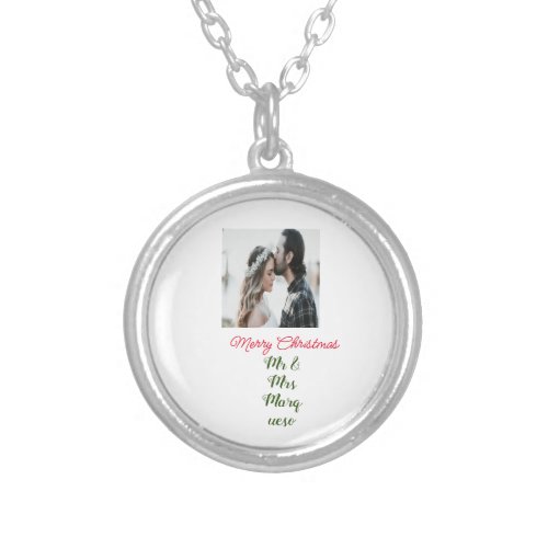 Merry Christmas couple photo add name happy holida Silver Plated Necklace