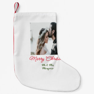 Merry Christmas couple photo add name happy holida Small Christmas Stocking