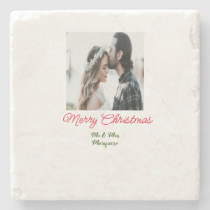 Merry Christmas couple photo add name happy holida Stone Coaster