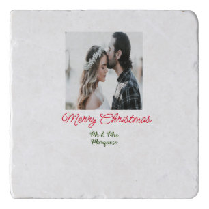 Merry Christmas couple photo add name happy holida Trivet