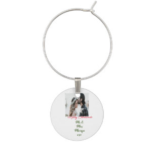 Merry Christmas couple photo add name happy holida Wine Charm