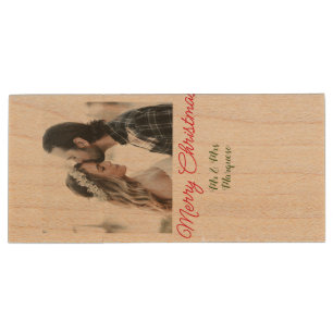 Merry Christmas couple photo add name happy holida Wood Flash Drive
