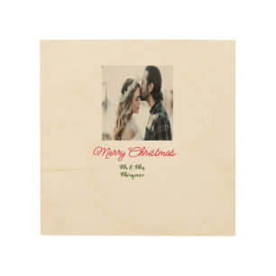 Merry Christmas couple photo add name happy holida Wood Wall Art