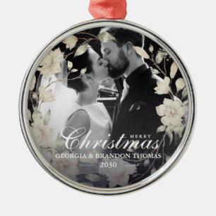 Merry Christmas Couple Photo Magnolia Floral Metal Ornament