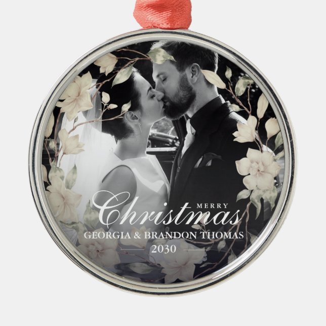 Merry Christmas Couple Photo Magnolia Floral Metal Ornament (Front)