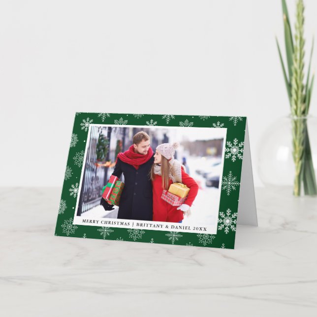 Merry Christmas Couple Photo Snowflakes Green Holiday Card (Front)