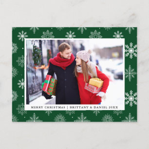 Merry Christmas Couple Photo Snowflakes Green Holiday Postcard