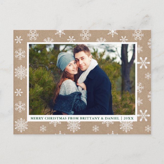 Merry Christmas Couple Photo Snowflakes Kraft Postcard (Front)