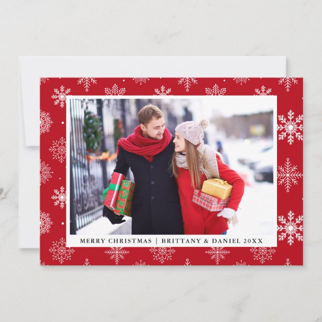 Merry Christmas Couple Photo Snowflakes Red Card (Front)