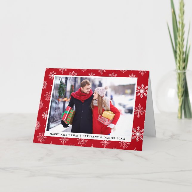 Merry Christmas Couple Photo Snowflakes Red Holiday Card (Front)
