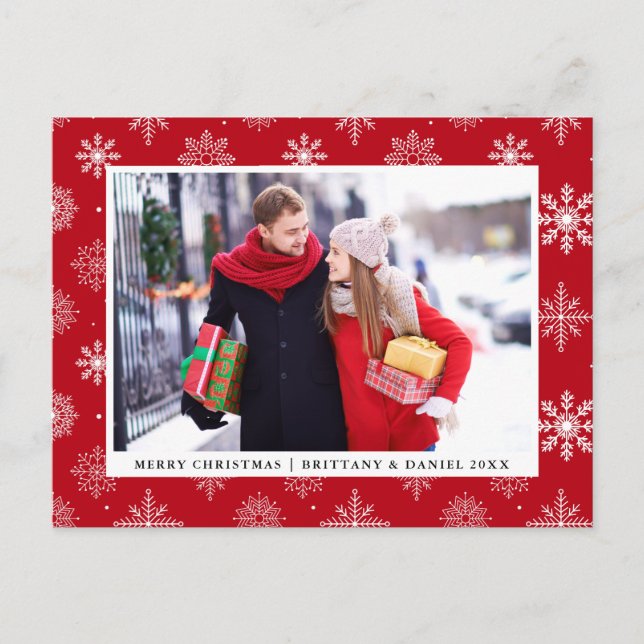 Merry Christmas Couple Photo Snowflakes Red Holiday Postcard (Front)