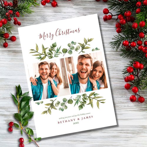 Merry Christmas Couples Photos Modern Greenery Holiday Card