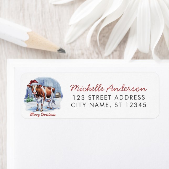 Merry Christmas Cow in Santa Hat Return Address    Label (Insitu)