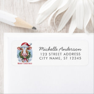 Merry Christmas Cow in Santa Hat Return Address Label
