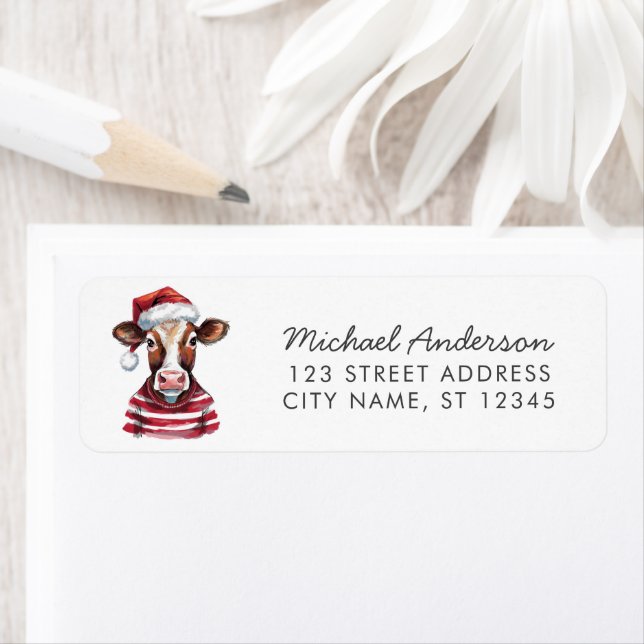 Merry Christmas Cow in Santa Hat Return Address    Label (Insitu)