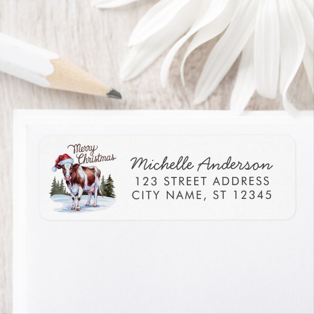 Merry Christmas Cow in Santa Hat Return Address    Label (Insitu)