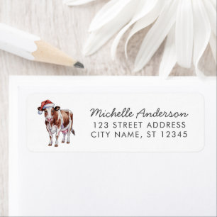 Merry Christmas Cow in Santa Hat Return Address Label