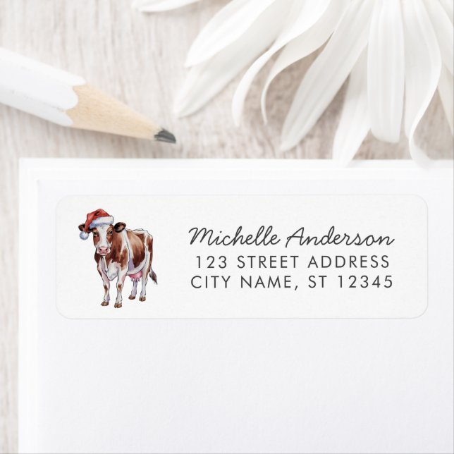 Merry Christmas Cow in Santa Hat Return Address    Label (Insitu)