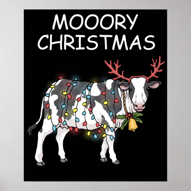 Merry Christmas Cow Moory Lights Reindeer Cow Poster Zazzle