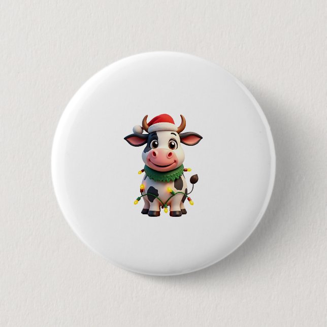 Merry Christmas Cow Santa Christmas Lights Cow Xma Button (Front)