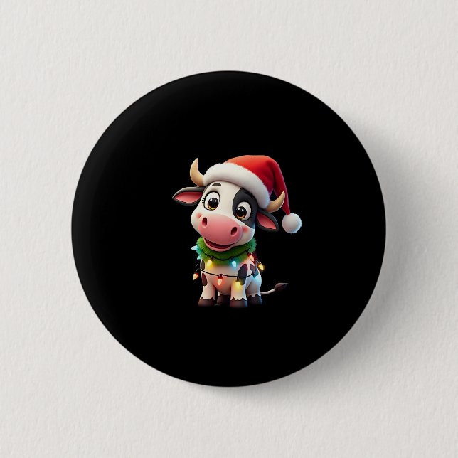 Merry Christmas Cow Santa Christmas Lights Cow Xma Button (Front)