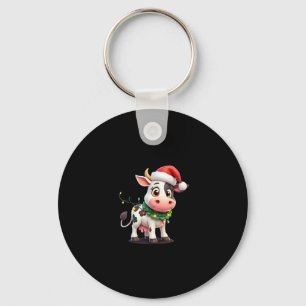 Merry Christmas Cow Santa Christmas Lights Cow Xma Keychain