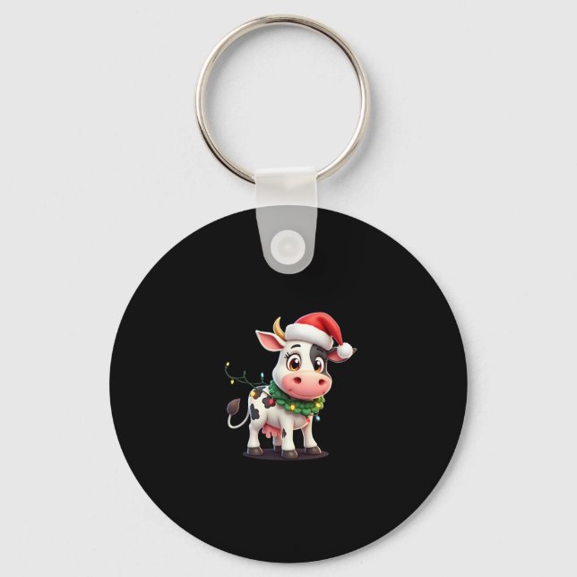 Merry Christmas Cow Santa Christmas Lights Cow Xma Keychain (Front)
