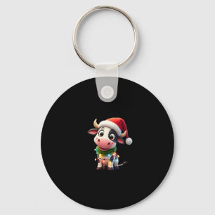 Merry Christmas Cow Santa Christmas Lights Cow Xma Keychain