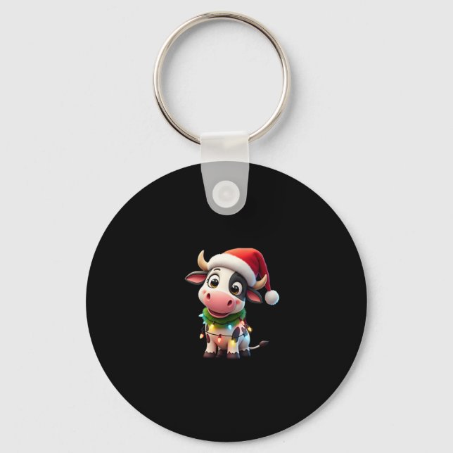 Merry Christmas Cow Santa Christmas Lights Cow Xma Keychain (Front)